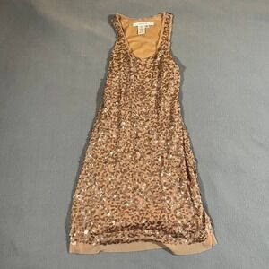 Y2K VTG Gold Sequin Mini Dress Size XS Tan Beige Sparkly Ibiza Club Going Out